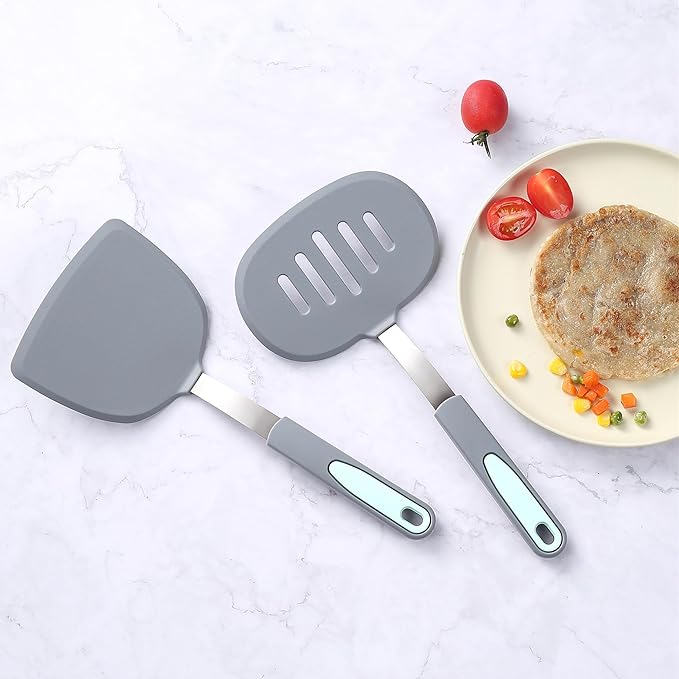 To encounter 2 Pieces Silicone Spatula set, Non-Stick Turner Spatulas, Heat Resistant Silicone Cooking Flipper for Eggs, Fish, Pancakes, Light Grey