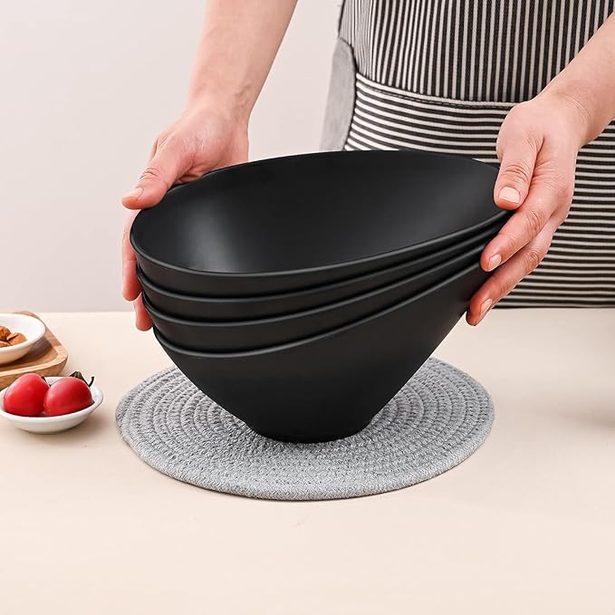 Bamboo Fiber Salad Bowls, 2 Packs Serving Black, Compostable 33 Ounce Elegant Black Angled Bowls for Salad, Pasta, Soup, Prep, Ideal for Home and Restaurant