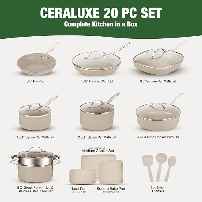 Granitestone Ceraluxe 20 Pc Ceramic Cookware Set Nonstick, Complete Pots and Pans Set Non Stick for Kitchen with Bakeware, Utensils & Steamer, Non Toxic Made Without PFOA PFOS, Oven & Dishwasher Safe