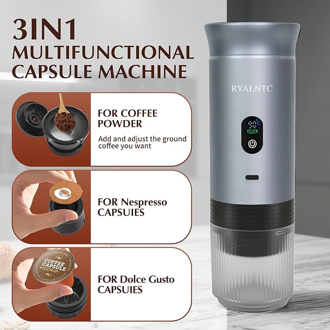 3-in-1 Portable Espresso Machine for Travel & Camping- 20 Bar Self-Heating Portable Coffee Maker with USB-C LED Display Car Coffee Maker, Compatible with Grounds&Capsules(Ns&DG) for RV,Hiking (Silver)