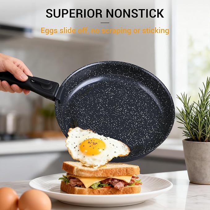 Ammeloo 21-Piece Ceramic Pots and Pans Set Non Stick with Detachable Handles and Egg Frying Pan, Non-Toxic Cookware, Induction Ready, Oven Safe, Stackable for Storage, Black Speckled