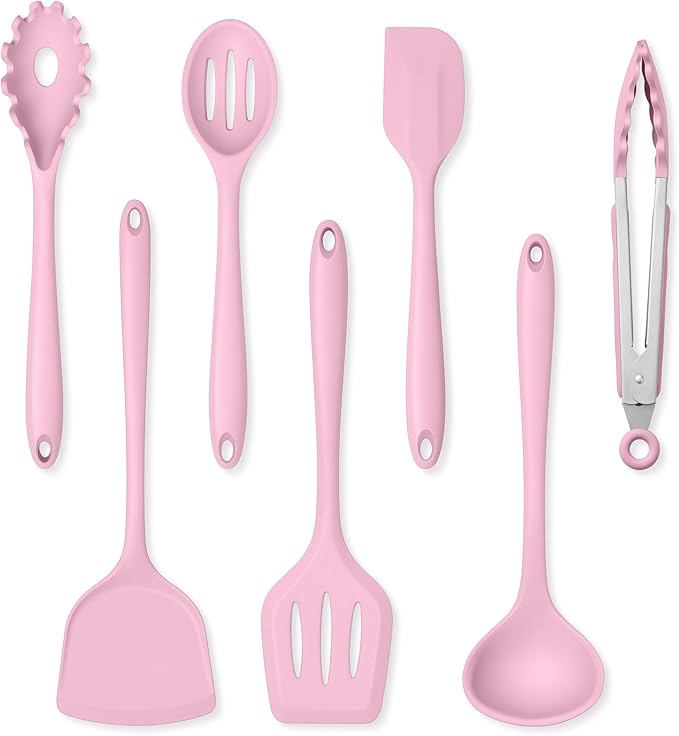 Herogo Silicone Cooking Utensils Set, 7-Piece Kitchen Utensils Set, Heat Resistant Cooking Gadget Tools Slotted Turner, Spoon, Soup Ladle, Pasta Server, Spatula, Tongs for Nonstick Cookware, Pink