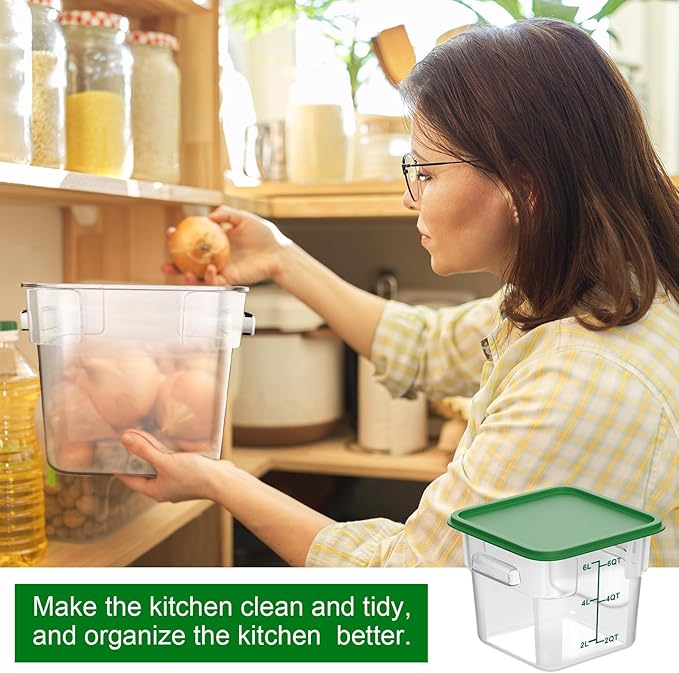 2 Pieces Square Food Storage Containers Polycarbonate Clear food Container with Lid Commercial Storage with Graduations for Commercial Kitchen Dough Marinating Meat(Green, 6 Qt)