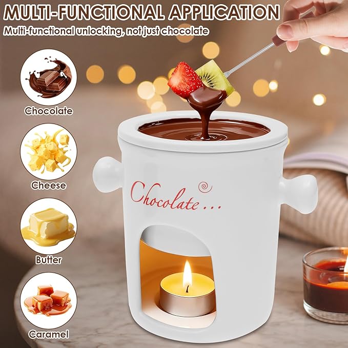 Chocolate Fondue Mug with Fork, 280ml Ceramic Chocolate Fondue Cup Set, Chocolate Melting Mug, Great for Cheese, Butter - Date Nights, Birthdays, Anniversary, Weddings (White)