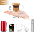 DLux Lungo 5.4oz Coffee Cups Double Wall, Clear Glass set of 2 Glasses with Handles, Insulated Borosilicate Glassware Tea Cup