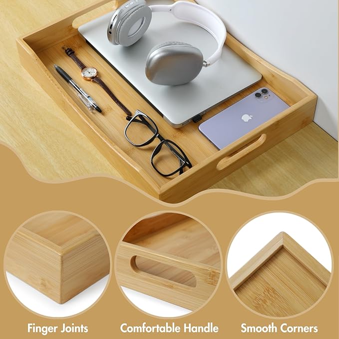 Gobam Bamboo Serving Tray with Built-in Handles, 16.5 x 12.4 inch Large Wooden Breakfast Trays for Bed, Coffee Table & Ottoman, Rectangular Decorative Tray for Entryway, Kitchen, Dining & Living Room