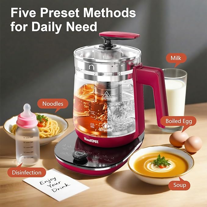 Electric Kettle, 1.5L Borosilicate Glass Hot Water Kettle Electric & Tea Kettle for Coffee or Tea, BPA Free, Auto Shut-Off, Stainless Steel, Red, 1200w