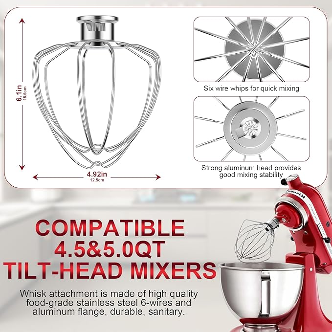 6-Wire Whip Attachment Fits KitchenAid Tilt-Head Stand Mixer Replace K45WW, Stainless Steel, Egg Heavy Cream Beater, Cakes Mayonnaise Whisk