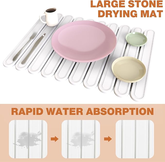 Stone Drying Mat for Kitchen Counter, Large Stone Dish Drying Mat Foldable Diatomaceous Earth Water Absorbing Mat for Dishes Bottles Cups Match Any Countertop White 24" x 16"