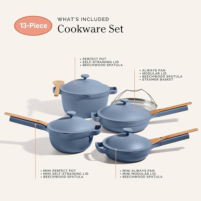 Our Place Cookware Set - Complete 13-Piece Set Including Always Pan 2.0, Mini Always Pan, Perfect Pot, and Mini Perfect Pot | Multifunctional, Toxin-Free Nonstick | Replaces 36 Pieces | Blue Salt