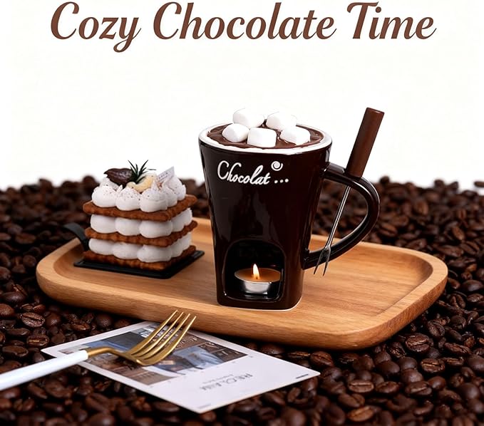 Chocolate Fondue Mug, Fondue Cups Tealight, Chocolate Melting Mug With Candle, Mini Ceramic Chocolates Melting Cup With Forks, Date Night Birthday Wedding Gifts (White)
