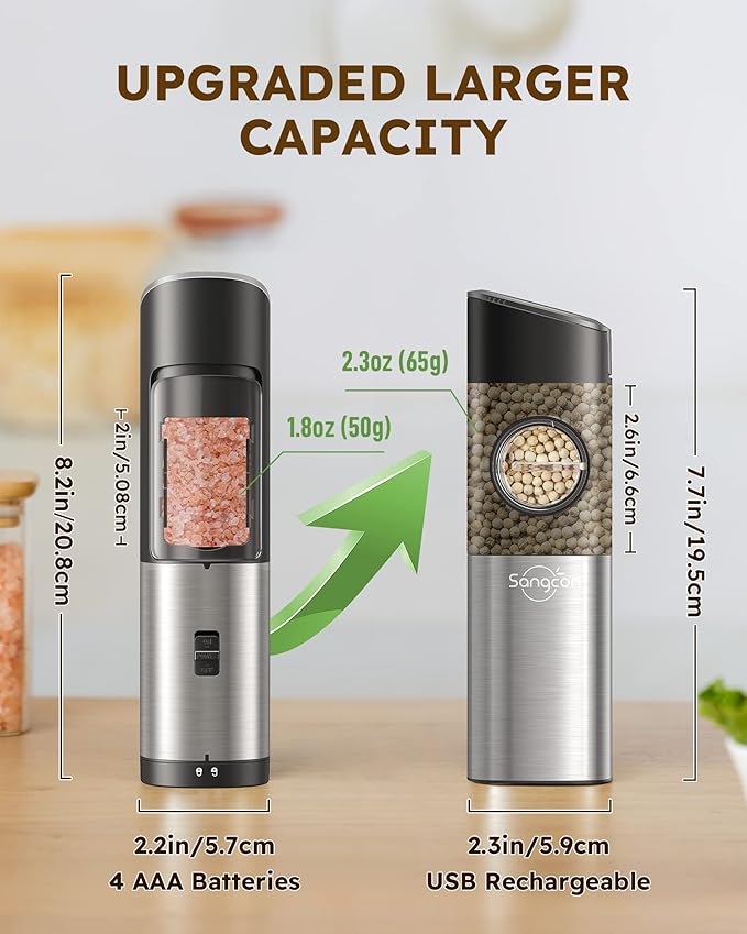 Sangcon Gravity Electric Salt and Pepper Grinder Set [Upgraded Larger Capacity] USB Rechargeable With Dual Charging Base - Automatic One Hand Operation - Adjustable Coarseness & LED Light Refillable