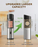 Sangcon Gravity Electric Salt and Pepper Grinder Set [Upgraded Larger Capacity] USB Rechargeable With Dual Charging Base - Automatic One Hand Operation - Adjustable Coarseness & LED Light Refillable