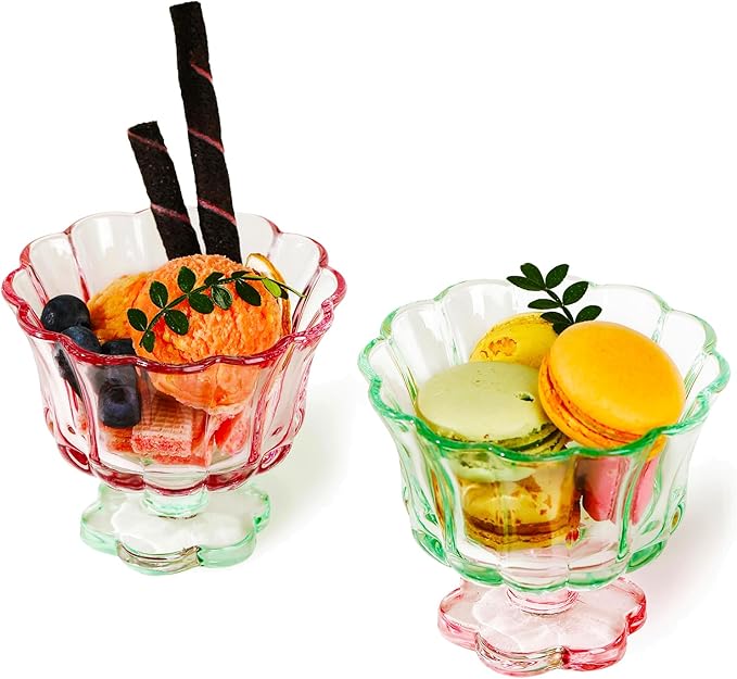 Ice Cream Bowls Drinking Glass Cups Set of 2 (Pink & Green), Flower Petal Style Glasses, 8.5oz, Suitable for Ice cream, Cocktails, Dessert & More.
