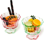 Ice Cream Bowls Drinking Glass Cups Set of 2 (Pink & Green), Flower Petal Style Glasses, 8.5oz, Suitable for Ice cream, Cocktails, Dessert & More.