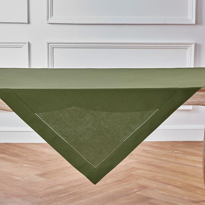 Solino Home Linen Tablecloth 52 x 52 Inch - 100% Pure Linen Olive Square Tablecloth - Classic Hemstitch, Machine Washable Table Throw for Fall, Autumn