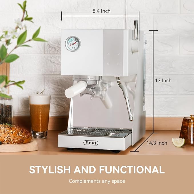 Gevi Espresso Machine with OPV, 20Bar Espresso Maker with Milk Frother Steam Wand, Dual Display, 58mm Portafilter, Stainless Steel Espresso Machines for Espresso/Latte/Cappuccino, White