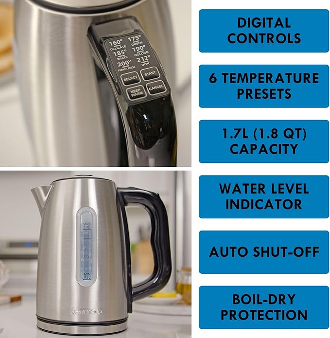 Kenmore Kettle - Digital Cordless Electric Kettles for Instant hot tea & coffee stainless steel automatic shut-off temperature control for boiling water spout filter countertop kitchen appliance 1.7L