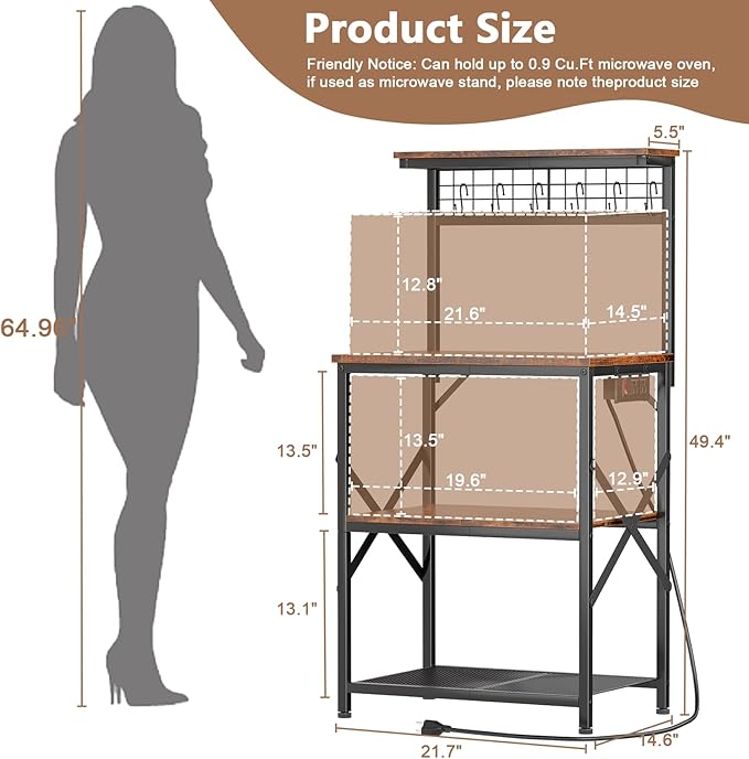 Furologee Kitchen Bakers Rack with Power Outlet, Microwave Oven Stand with Storage 4 Tiers, Coffee Bar Table with 6 S Hooks, Kitchen Storage Shelf Rack for Spices, Pots, Rustic Brown