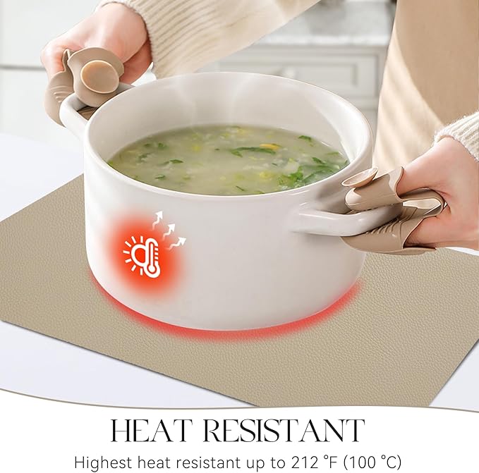 MOSAYT Vinyl Placemats Set of 4, Heat Resistant Place Mats 100% Waterproof Washable & Wipeable Faux Leather Reversible Table Mats for Kitchen Dining Party Indoor Outdoor, 12" x 17", Black/Khaki