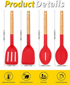 Pack of 4 Silicone Cooking Utensils Set, Non Stick Solid Spatulas and Heat Resistant Slotted Spoons with Wooden Handle, Ideal Wood Kitchen Utensils Set for Frying,Serving,Turning,Stirring (RED)