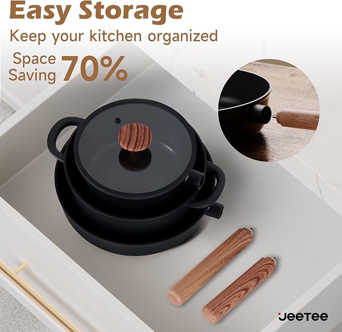 JEETEE Ceramic Cookware Sets 17 pcs, Healthy Pots and Pans Set Non Stick, Induction Kitchen Cooking Set with Removable Handles, Stackable Pots Pans, Oven Safe, PFOA/PFOS Free, Black