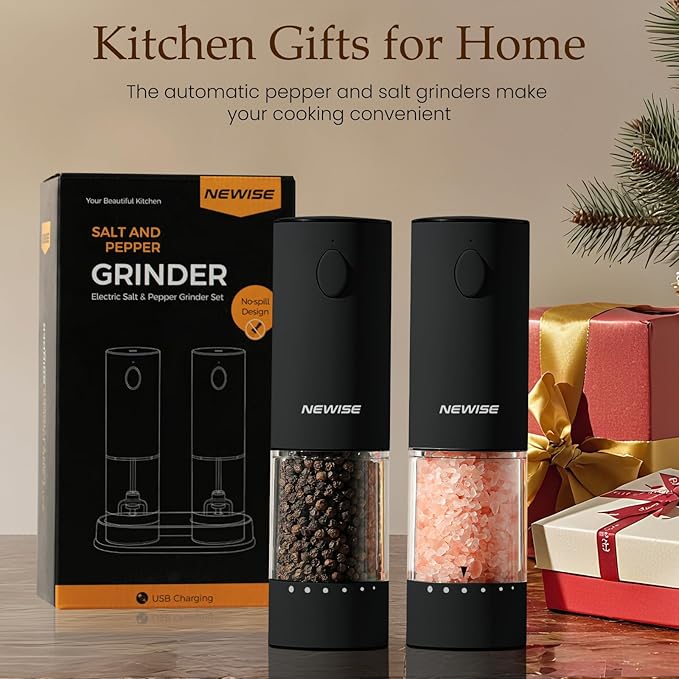 Electric Salt and Pepper Grinder Set, Gifts for Mom Wife, Rechargeable with LED Lights, Stainless Steel Automatic Pepper & Salt Mill, Adjustable Coarseness, Large Capacity, Black