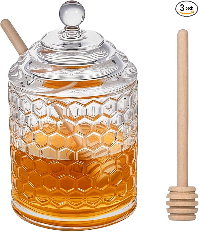 Clear Crystal Honey Pot with Dipper and Lid Glass Jar Dispenser Holder Syrup Container for Home Kitchen,9 oz, 2 Dippers Sticks Set, Containers Kitchen, Home, Storage