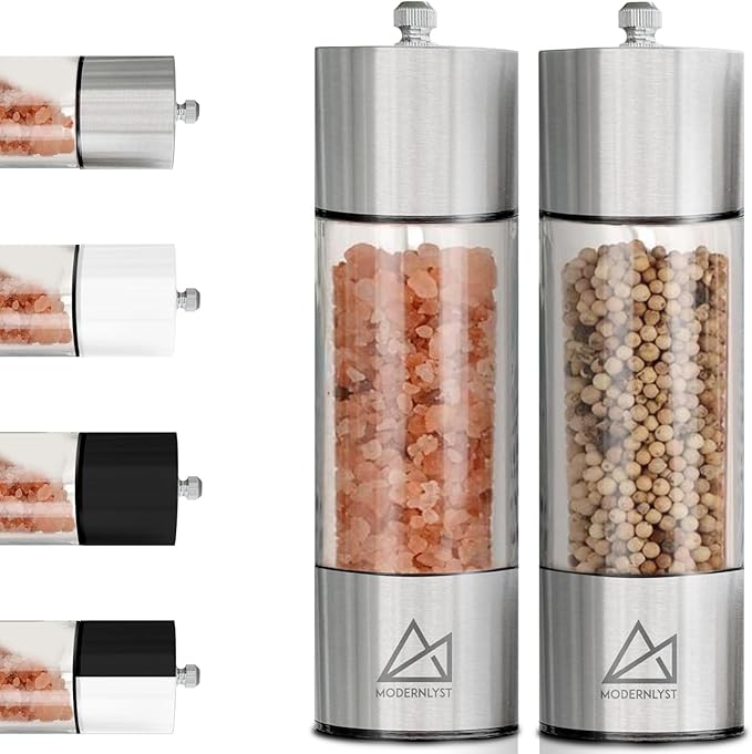 Salt and Pepper Grinder Set Manual 2 Pack | Large Round Salt and Pepper Shakers Set | 7.5 inch Stainless Steel Salt Grinder Refillable | Manual Pepper Grinder (Stainless Steel)