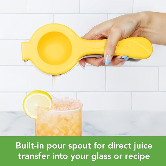 Tovolo Citrus Press with Pour Spout, White & Yellow – Manual Juicer for Lemons, Limes, Tangerines, Ergonomic Handle, BPA-Free, Dishwasher Safe