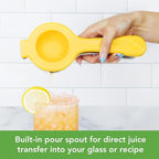 Tovolo Citrus Press with Pour Spout, White & Yellow – Manual Juicer for Lemons, Limes, Tangerines, Ergonomic Handle, BPA-Free, Dishwasher Safe