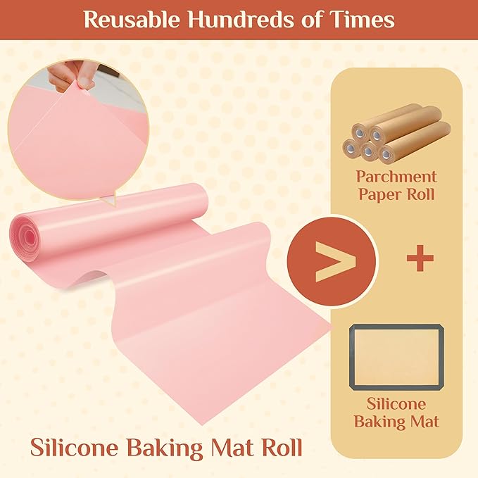 Silicone Baking Mat, 12 IN x 10 FT Free Cutting Baking Sheet, Non-Stick Reusable Dough & Pastry Mat, Non-Slip Silicone Mat Roll for Air Fryer Liner, Freeze Dryer, Oven Baking Pan, Kitchen Counter