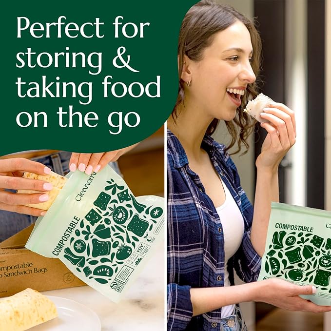 Cleanomic Compostable* Sandwich Size Food Storage Bags (25 Eco Zip) Freezer and Leak Proof, Also Available Gallon, Quart and Snack Size Bags