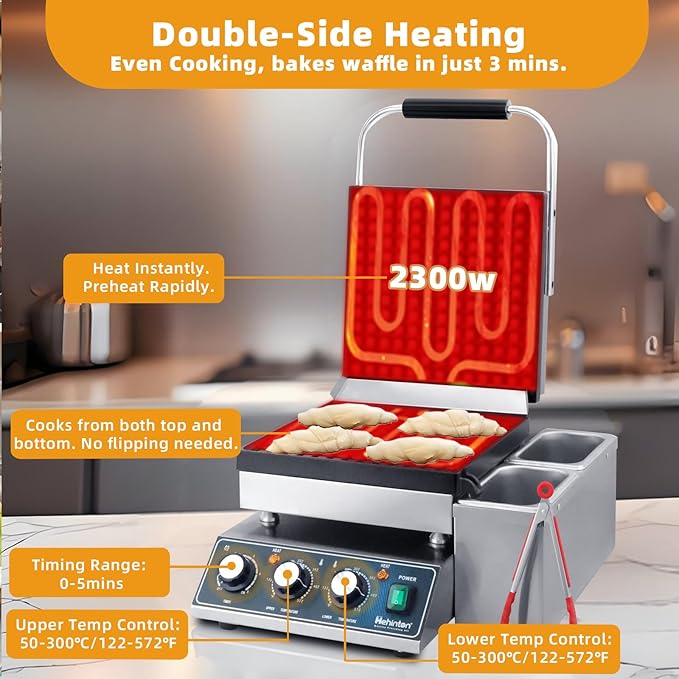 Hehinton® Commercial Waffle Maker, 110V 2300W Belgian Waffle Maker with Oil Grooves and Drip Tray, Heavy Duty Stainless Steel Body, Nonstick Waffle Iron Perfect for Home Kitchen Restaurant