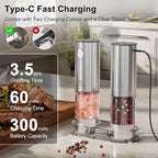 Vivosparks Electric Salt and Pepper Grinder Set, Upgraded 2-Speed Rechargeable Mills with 6-Level External Adjustable Coarseness, Stainless Steel, One-Hand Use, Storage Base & Gift Packaging