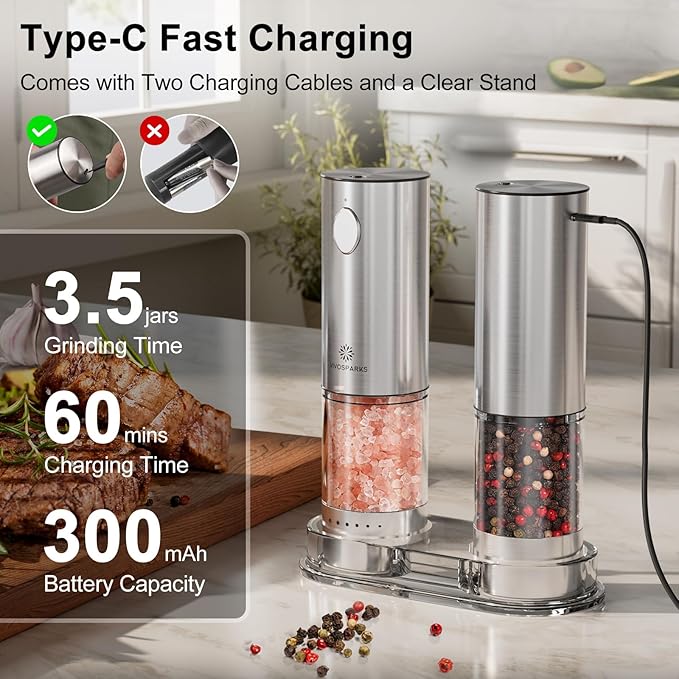 Vivosparks Electric Salt and Pepper Grinder Set, Upgraded 2-Speed Rechargeable Mills with 6-Level External Adjustable Coarseness, Stainless Steel, One-Hand Use, Storage Base & Gift Packaging