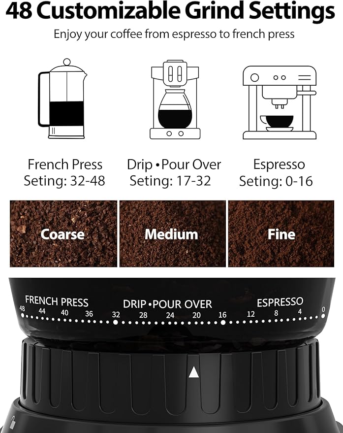 Aromaster Coffee Bean Grinder with 48 Gind Settings, Conical Burr Coffee Grinder for Home Use,Stainless Steel,40 Seconds Adjustable Timer,Anti-static,Easy to Clean with Brush