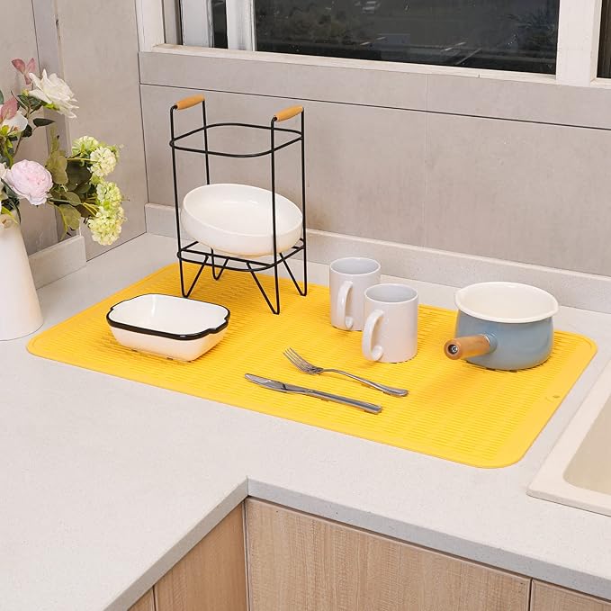 Silicone Dish Drying Mat for Multiple Usage,Easy clean,Eco-friendly,Heat-resistant Silicone Mat for Kitchen Counter or Sink,Refrigerator or Drawer Liner Yellow 4XL 32 inches x 18 inches