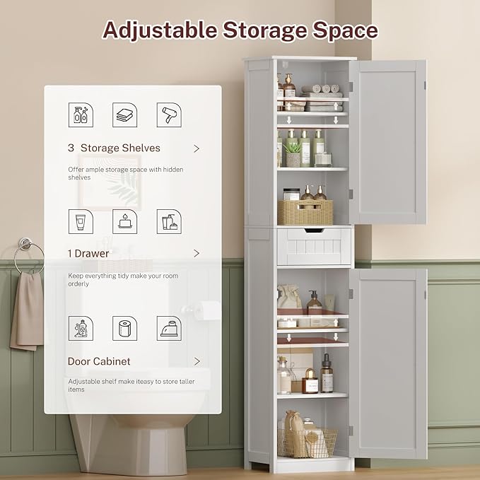 67" H Tall Bathroom Cabinet with 2 Doors & 1 Drawer, Narrow Bathroom Storage Cabinet with Adjustable Shelves, for Living Room, Entryway, Kitchen, White