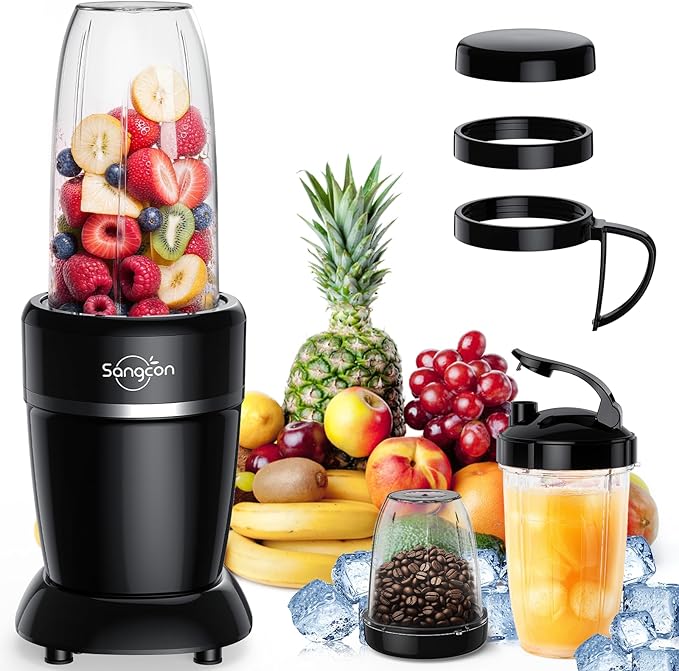 Sangcon 1000W Blender for Smoothies, Blenders for Kitchen with (3) Cups (2) Spout Covers (1) Storage Cap (1) To-Go Cap, Portable Blender for Shakes and Smoothies, Ice Crushing, Frozen Drinks, Spices