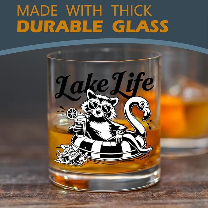 kunlisa Funny Lake Raccoon Whiskey Glasses, Funny Raccoon Gifts, Lake House Decor and Gift 10 oz Drinking Rocks Glasses for Women Men Whisky Cocktail Scotch Bourbon Liquor