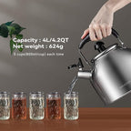 4.2 Quart/4L Stainless Steel Whistling Tea Kettle,Brushed Satin, Suitable to Boiling Water & Tea on Induction Stove, Gas Stove Top