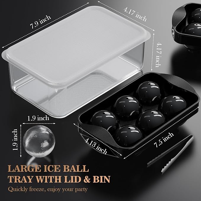 Whiskey Ice Ball Maker with Lid and Bin, 1.9" Round Ice Cube Trays for Freezer, Large Sphere Whisky Ices Cubes Tray Circle with Bucket&Tong, Cocktail Bourbon Brandy Scotch(Black-6 Balls*2 Pack)