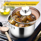 E-far 1 Quart Saucepan with Lid, Stainless Steel Small Sauce Pot with Glass Lid for Cooking, Easy Clean & Rust Free, Dishwasher Safe