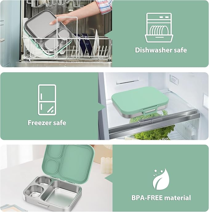 Stainless Steel Bento Lunch Box for Kids | 3-Compartment Lunch Box Container Kids | 100% Leakproof, Dishwasher-Safe, Eco-Friendly, Perfect Portion Control for Kids&Adult Healthy Meals (Green)