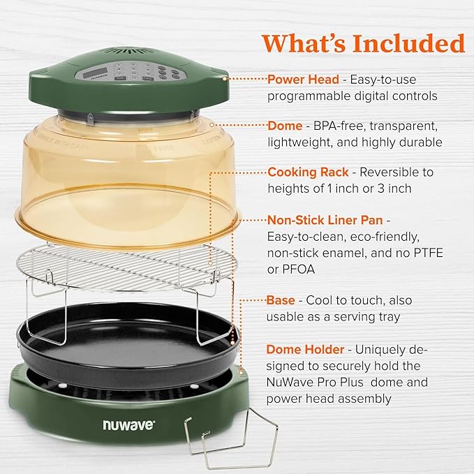 Nuwave Oven Pro Plus Air Fryer, Infra-Red Countertop, 2025 Advanced Convection, No Defrosting or Preheating, Cook Fresh or Frozen, Durable Power Dome, 100 Presets & 50 Memory, PFAS Free, Wild Olive