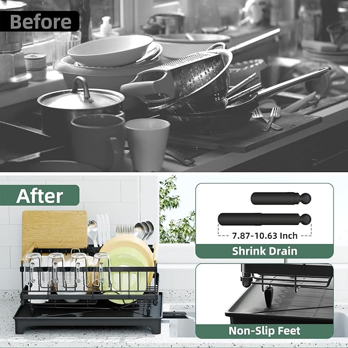 Dish Drying Rack, Drying Rack with Automatic Drainboard, Dish Racks for Kitchen Counter, Rustproof Dish Drainer with Removable Utensil Holder, Cups Holder,Black