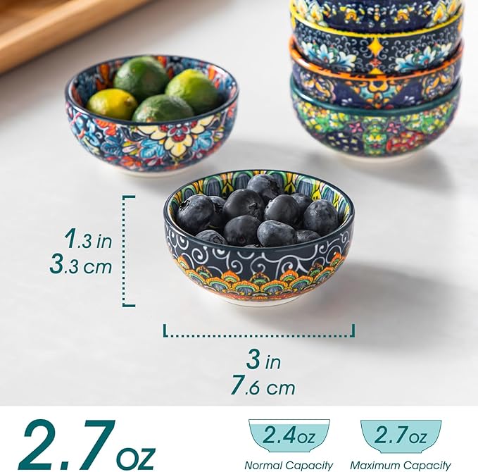 vancasso SIMI 2.7 Oz Ceramic Dipping Bowls Sets of 6, Bohemian Small Bowls for Sauce, 3 Inch Mini Appetizer Plates for Soy Sauce, Sushi, Condiments & Side Dishes, Microwave & Dishwasher Safe