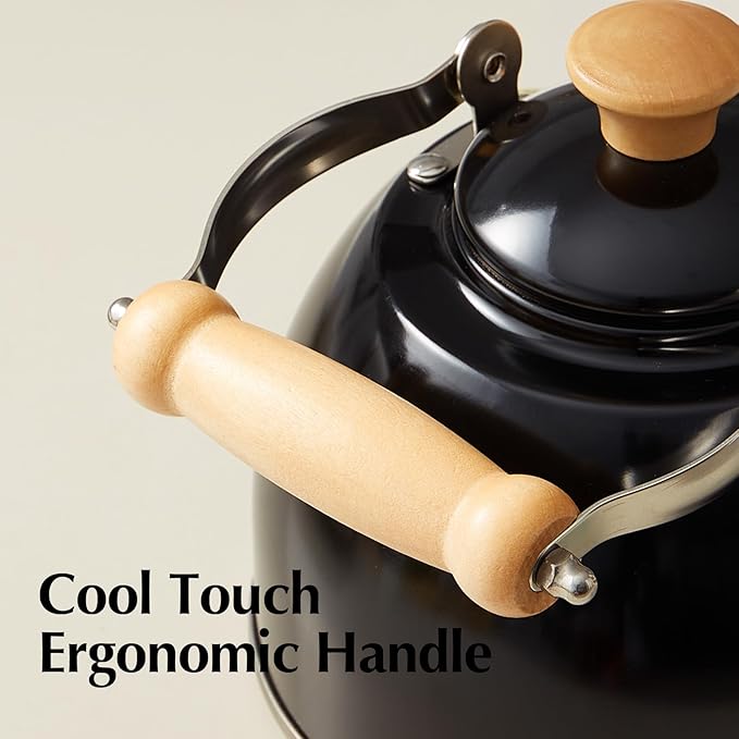 ROCKURWOK Tea Kettle, Tea Pot with Cool Touch Ergonomic Handle, Teapot Food Grade Stainless Steel, Tea Kettle Stovetop, Kettle Teapot, Whistling Tea Kettle, Small Tea Pot, 1.6 Quart (Black)