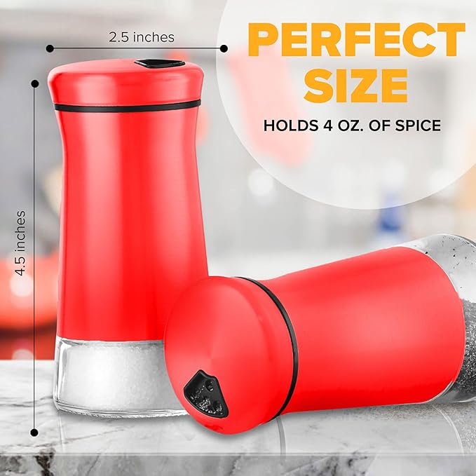 The Original Salt and Pepper Shakers set -Red- Spice Dispenser with Adjustable Pour Holes - Stainless Steel & Glass Set of 2 Bottles